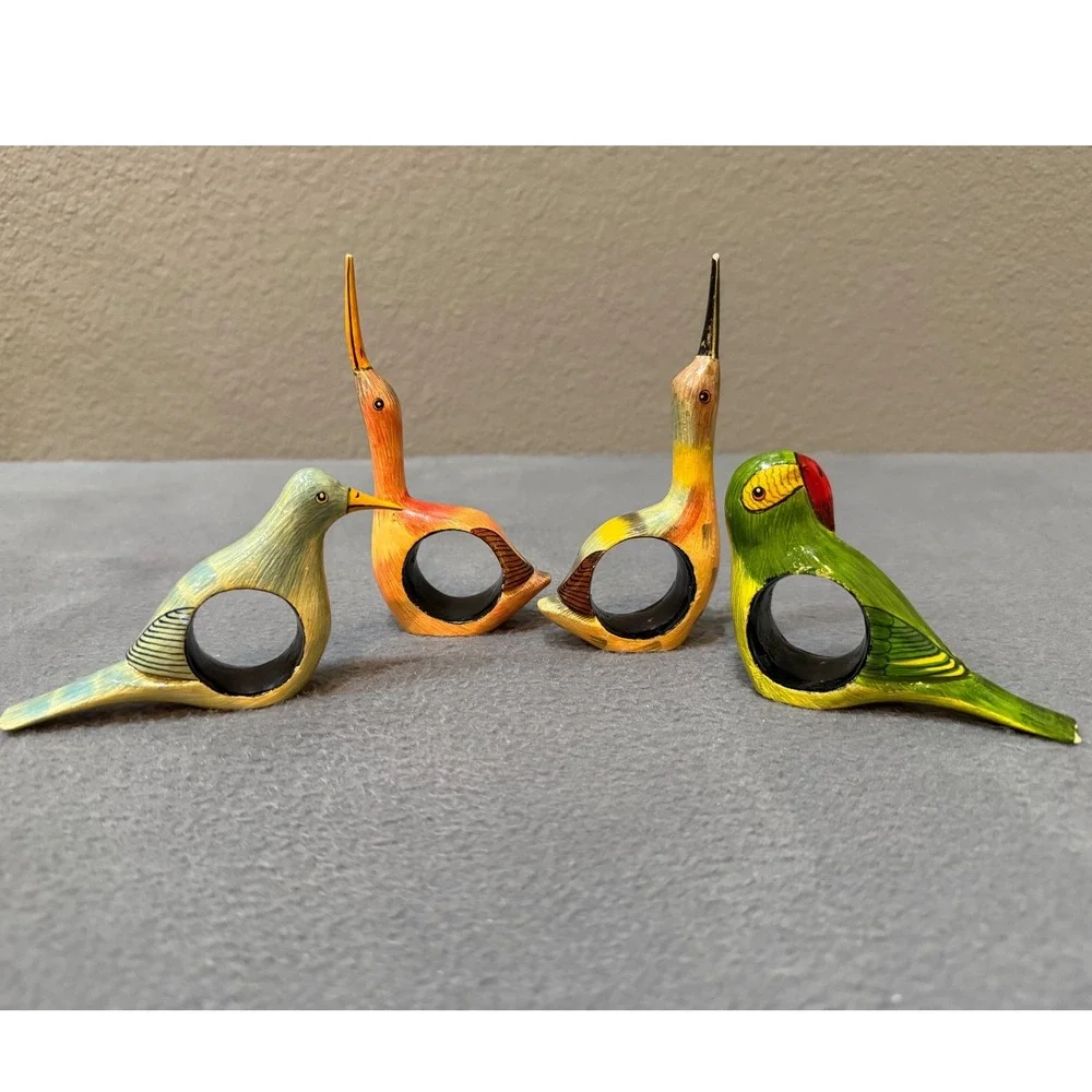 Vintage Hand Painted Wooden Bird Napkin Rings Set of 4 Tropical Folk Art Decor